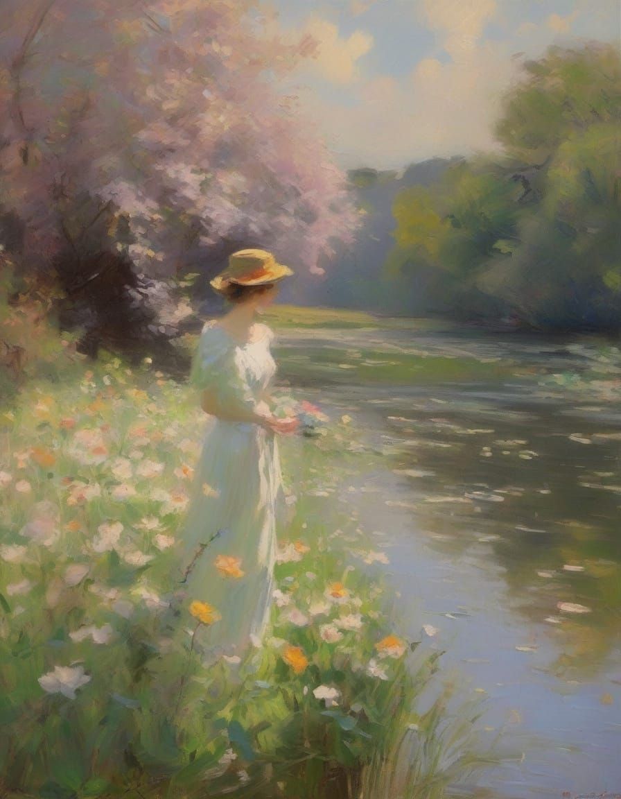 Serene Lake Shore in Impressionist Style