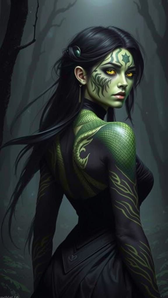 Moonlit Reptilian Hybrid Goddess in Forest Glory
