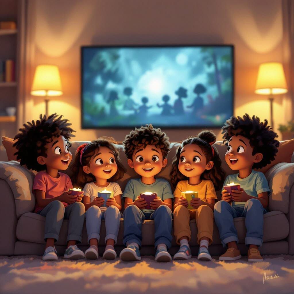 Diverse Children Enjoying Movie Night in Digital Painting