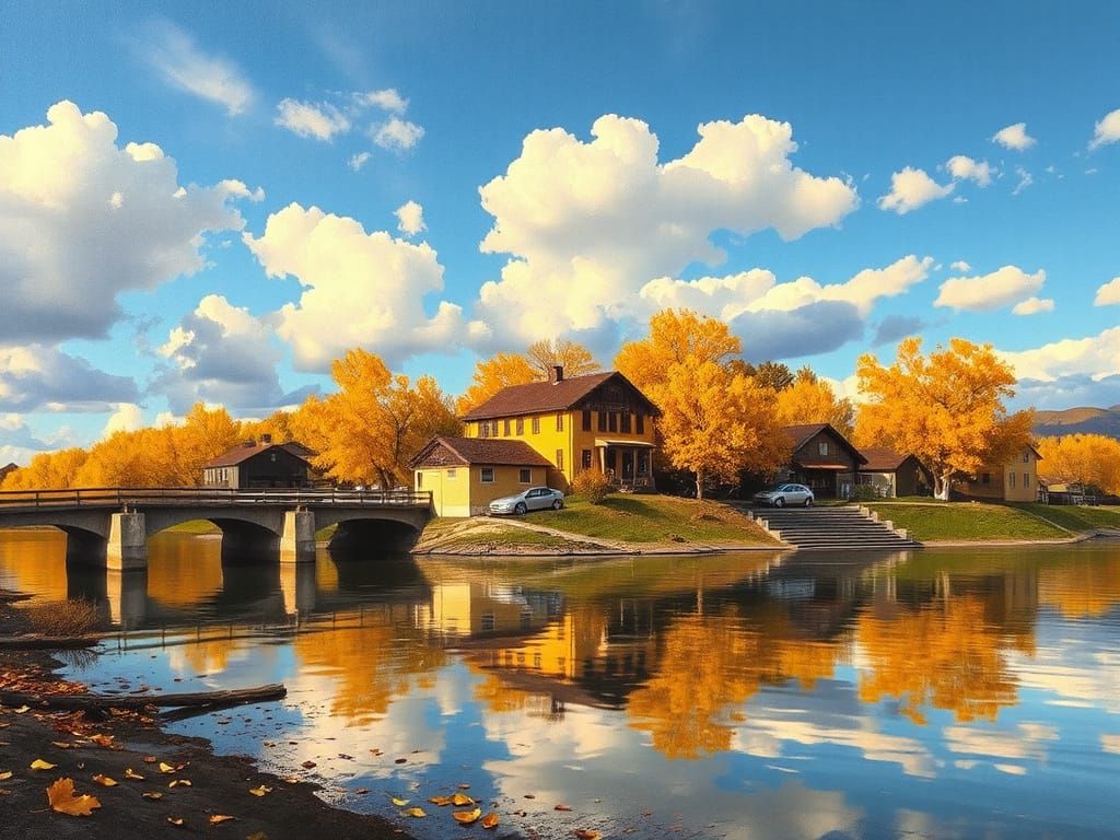 Serene Autumn Village River Landscape Oil Painting