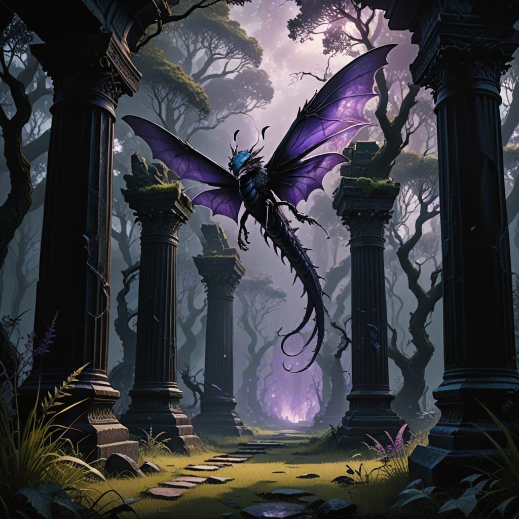 Dark Fantasy Dragon Amidst Pillars and Portals