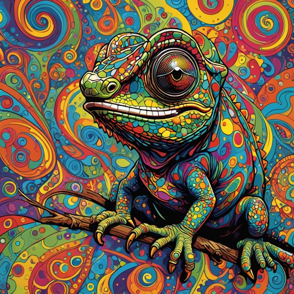 Pop Art Chameleon on Psychedelic Canvas