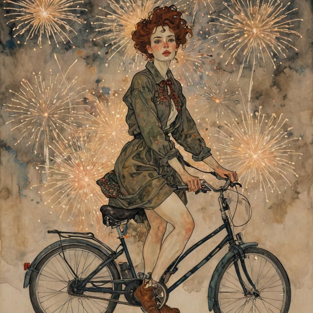 Woman Rides Bike Amidst Fireworks, Expressionist Style