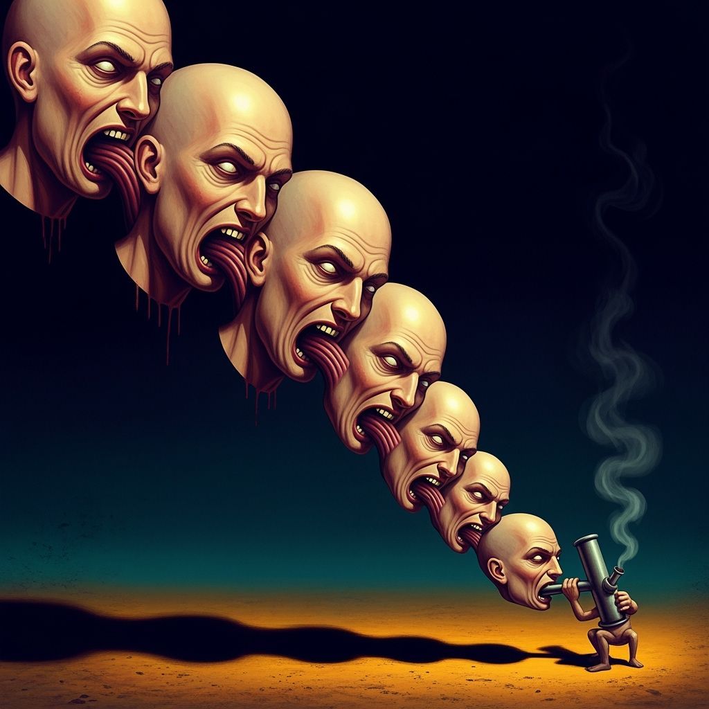 Nightmarish Cycle Of Bald Heads Exhaling Smoke