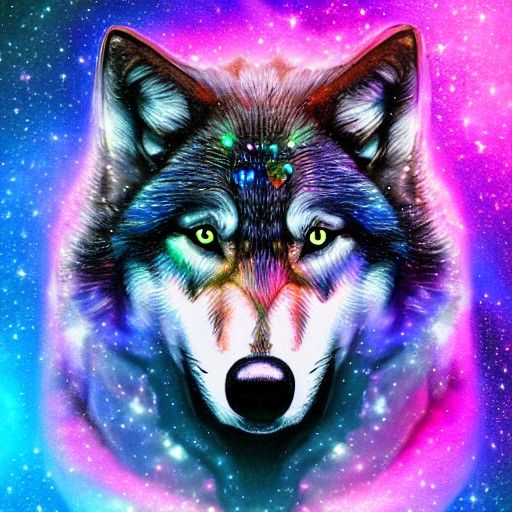 Holographic Astral Wolf Illustration in Mixed Media