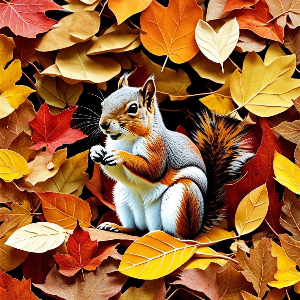 Cute Squirrel in Autumn Paper Collage Art