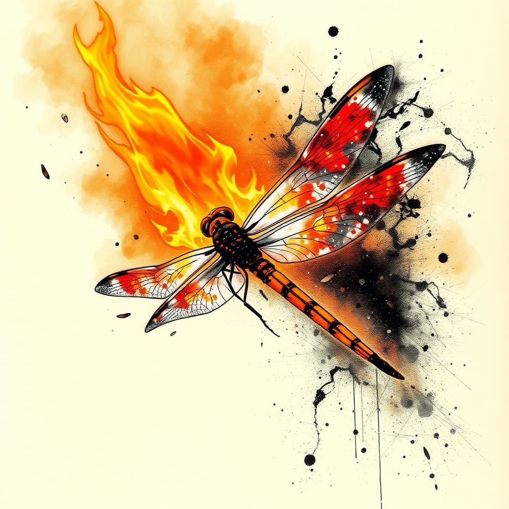 Flaming Dragonfly in Ink Splatter Fantasy Art