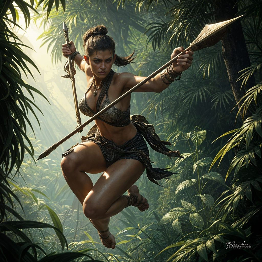 Fierce Amazonian Warrior Leaping Through Jungle, Dark Fantas...