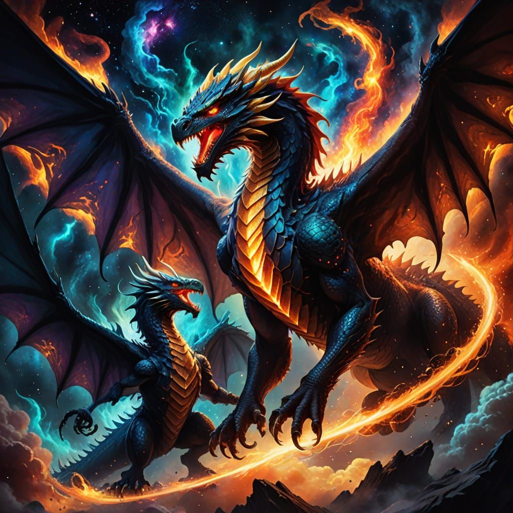 Colossal Dragon Fights Phoenix in Nebula