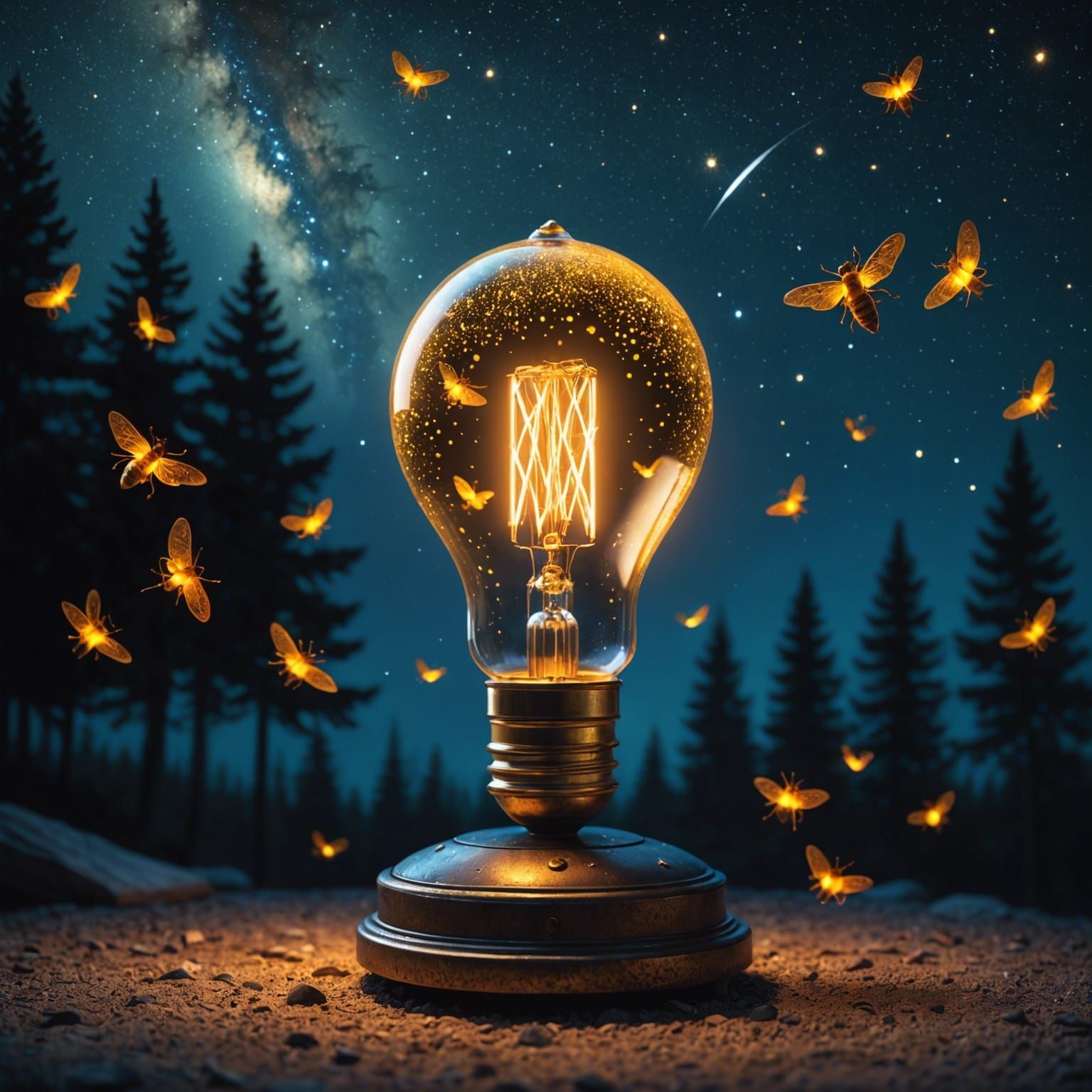 Luminous Moon Light Bulb with Fireflies in Starry Sky