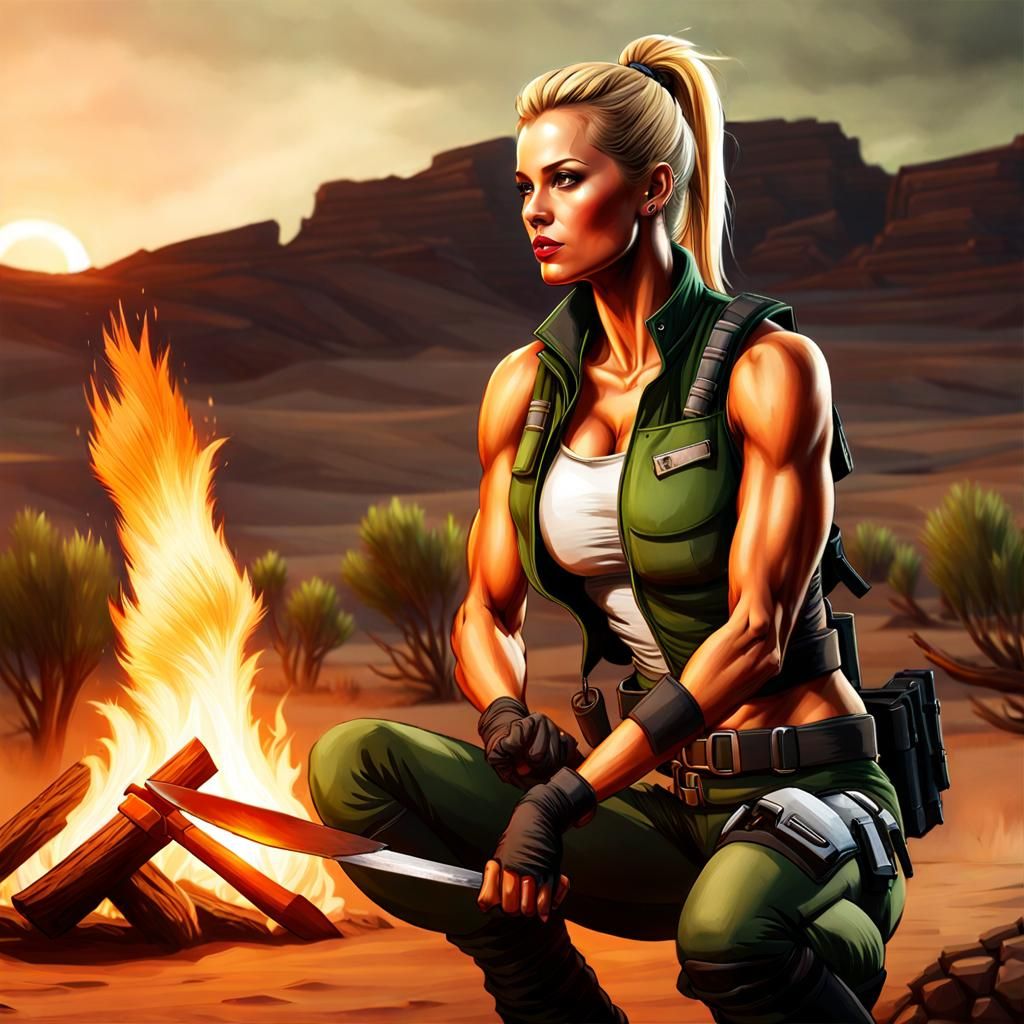 Sonya Blade camping in the desert