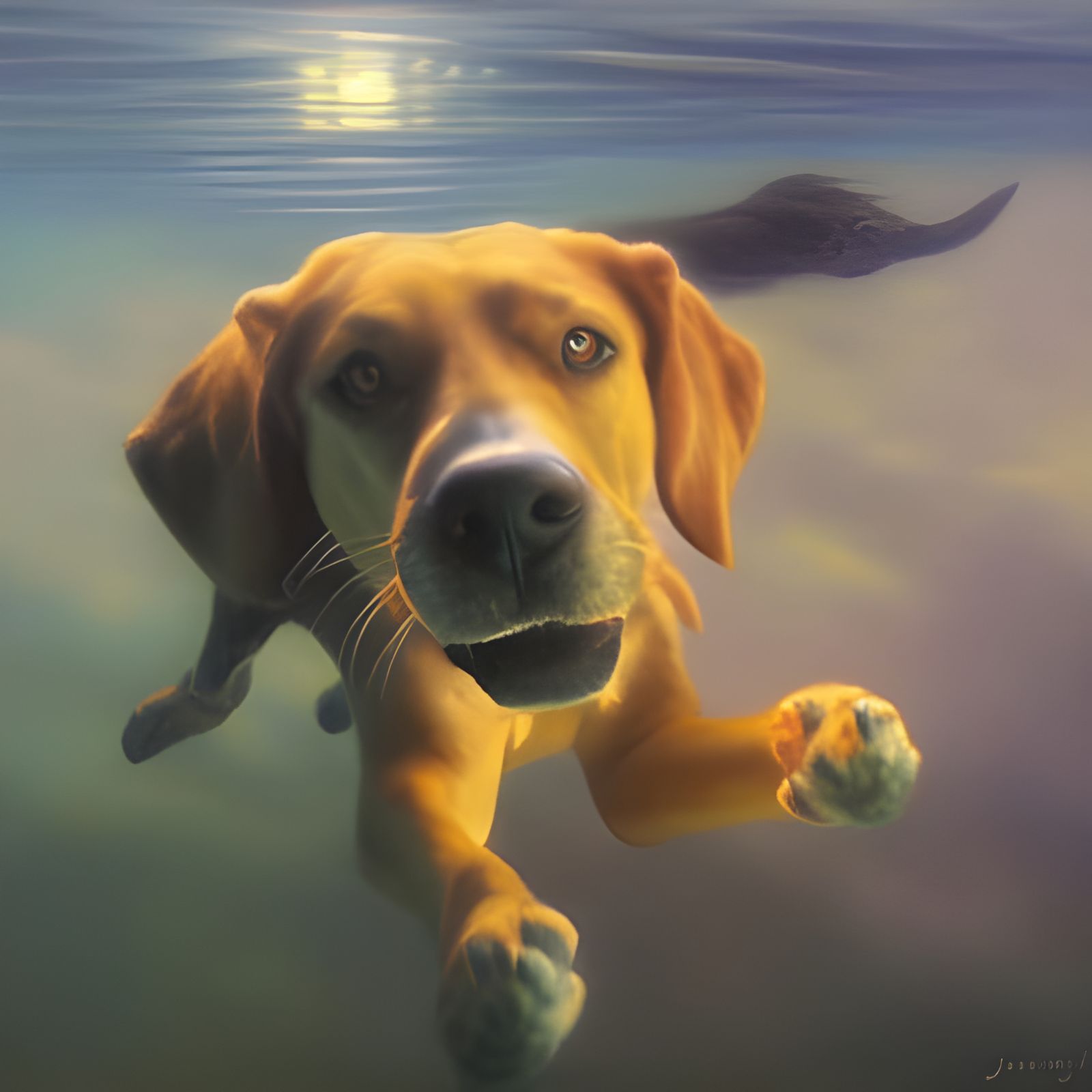 Dog Swimming Underwater as Oil Painting