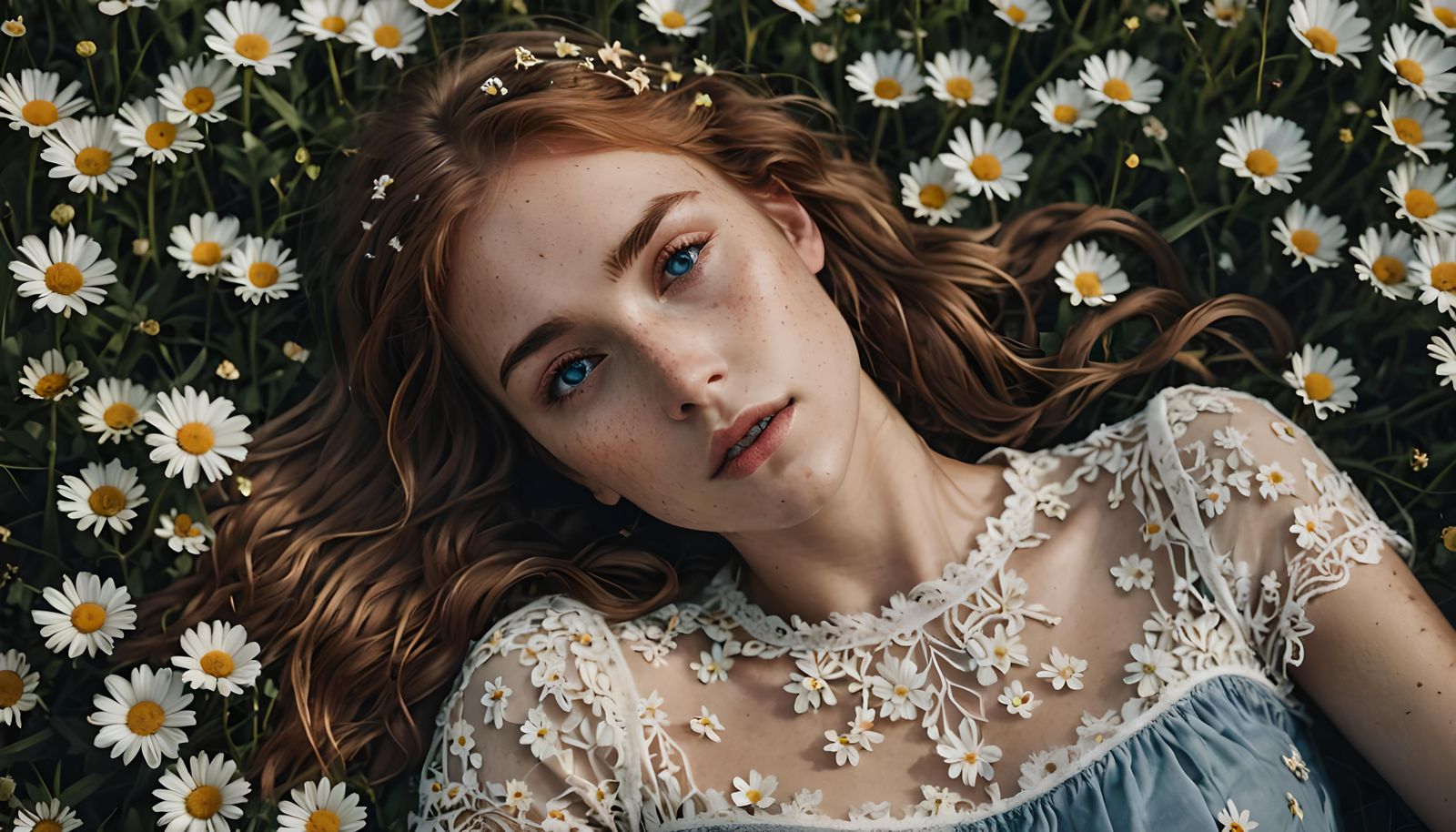 Girl in Daisy Meadow on Summer Day