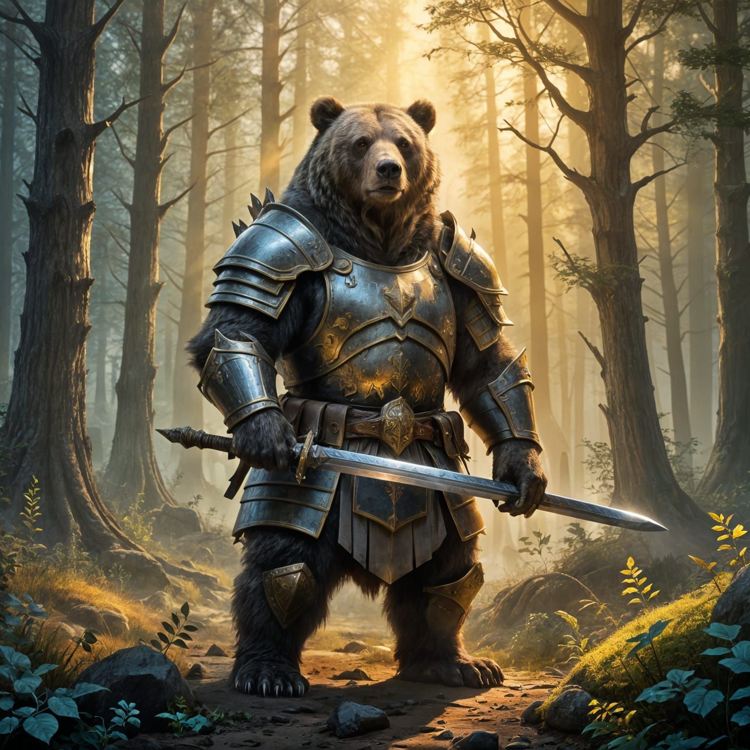 Brutish Knight Bear in Dark Fantasy Forest