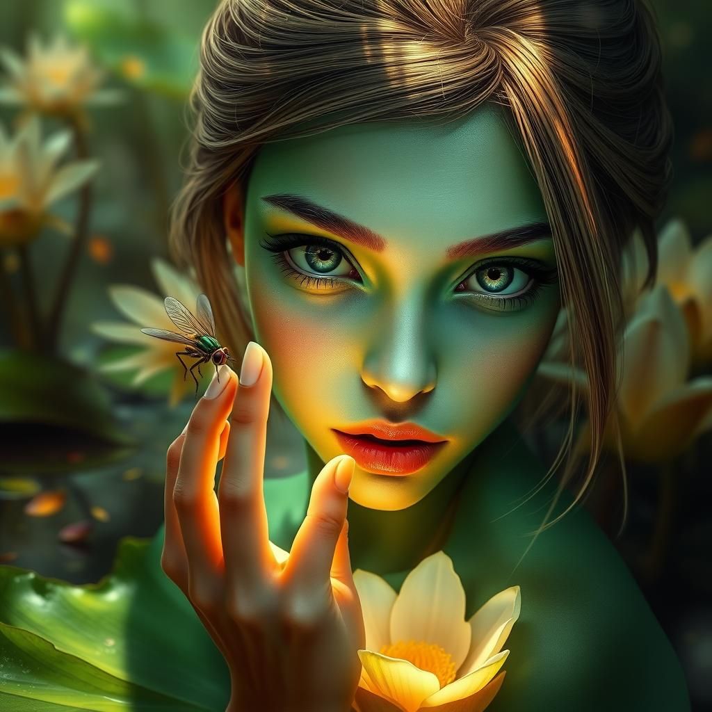 Emerald Woman with Fly: A Surreal Portrait