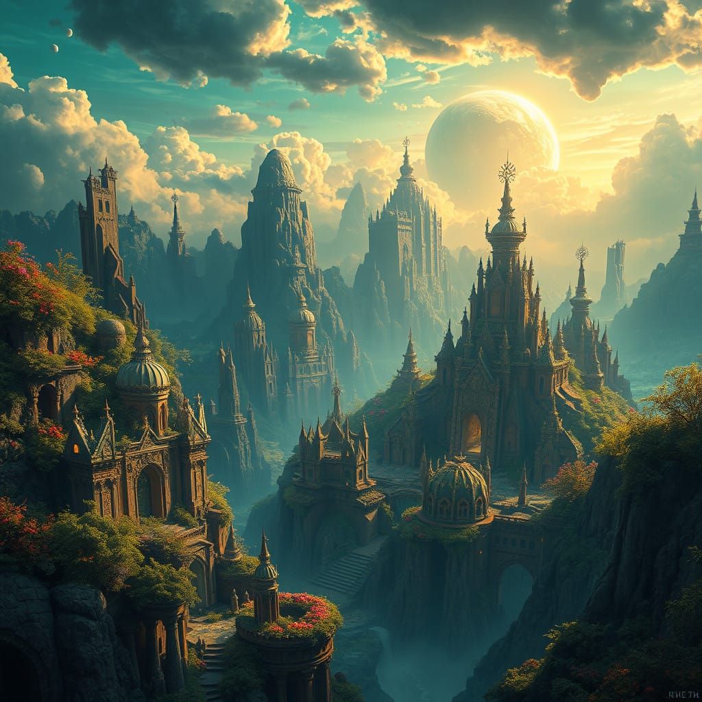 Mystical Realm with Ancient Architecture and Celestial Wonde...