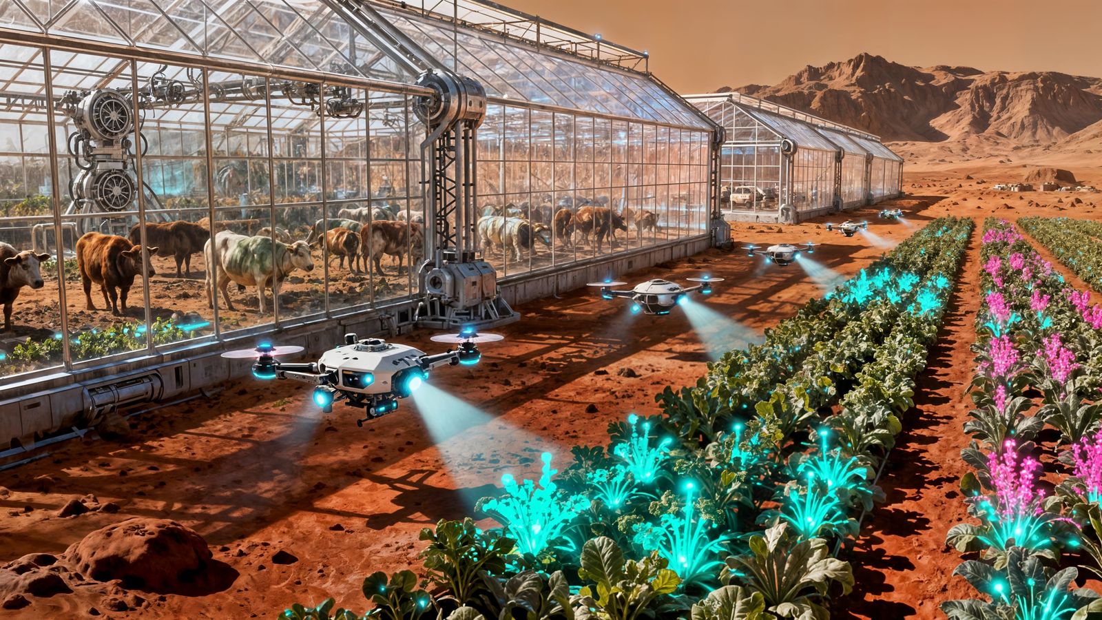 Martian Farm of Tomorrow with Luminous Crops