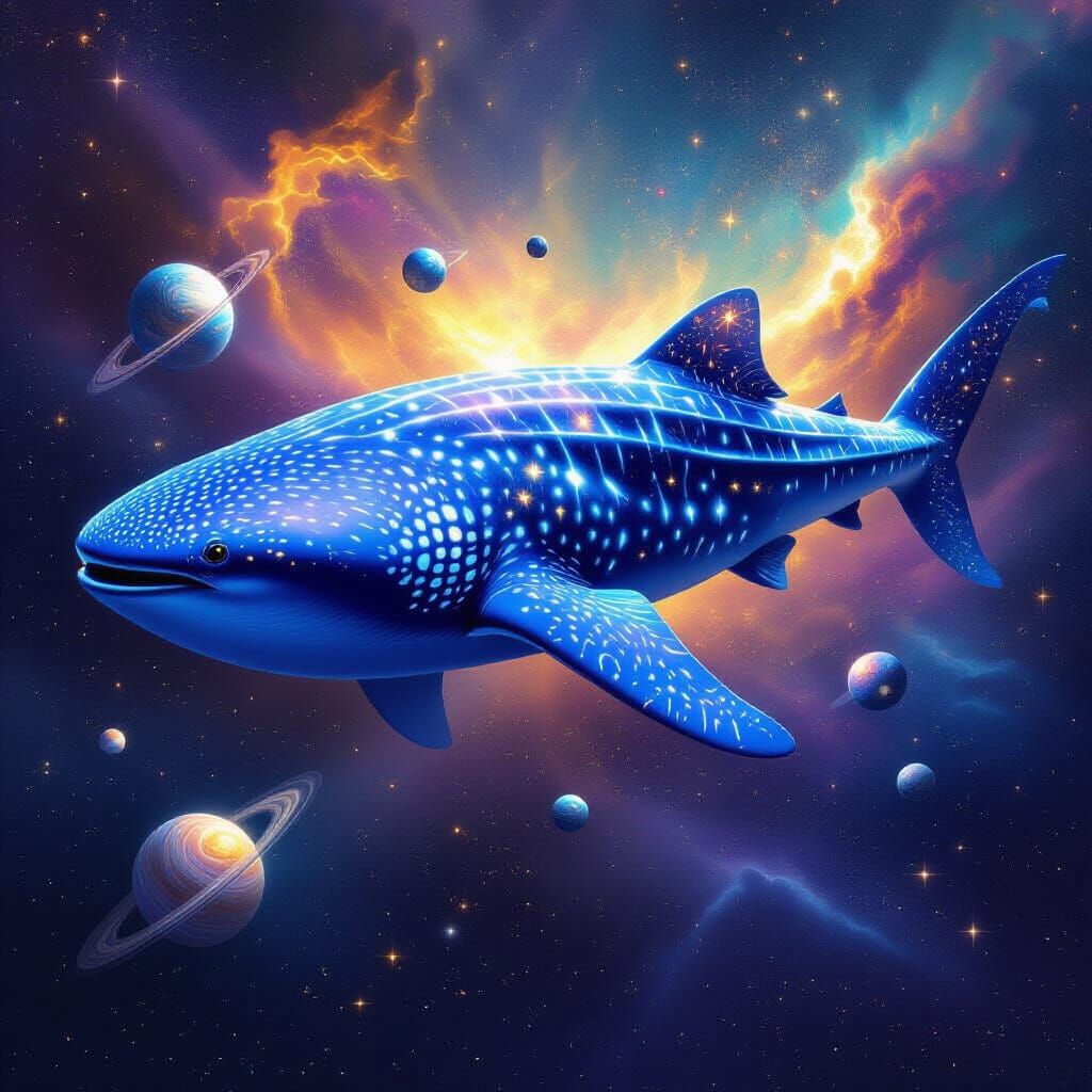 Colossal Whale Shark Swims Through Cosmic Nebula