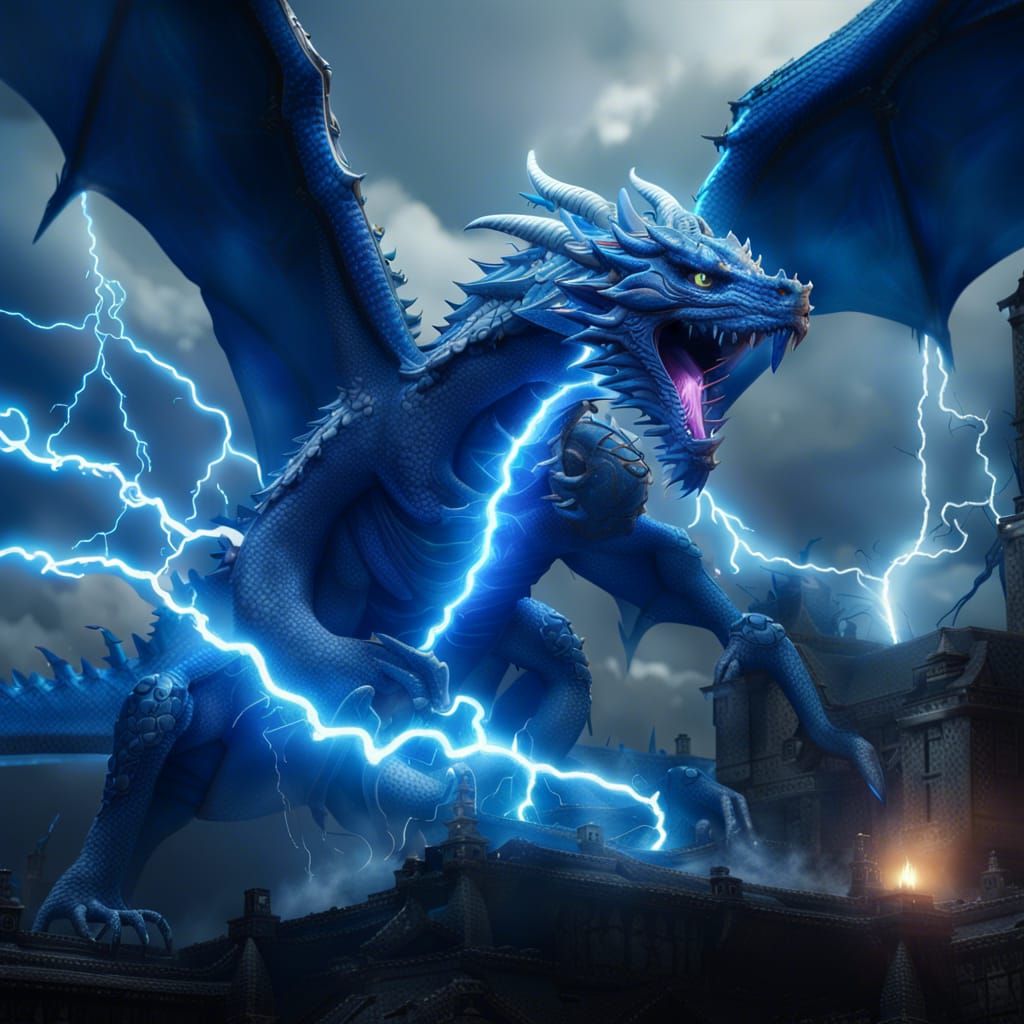 Blue Lightning Dragon Spitting Electricity: Digital Art