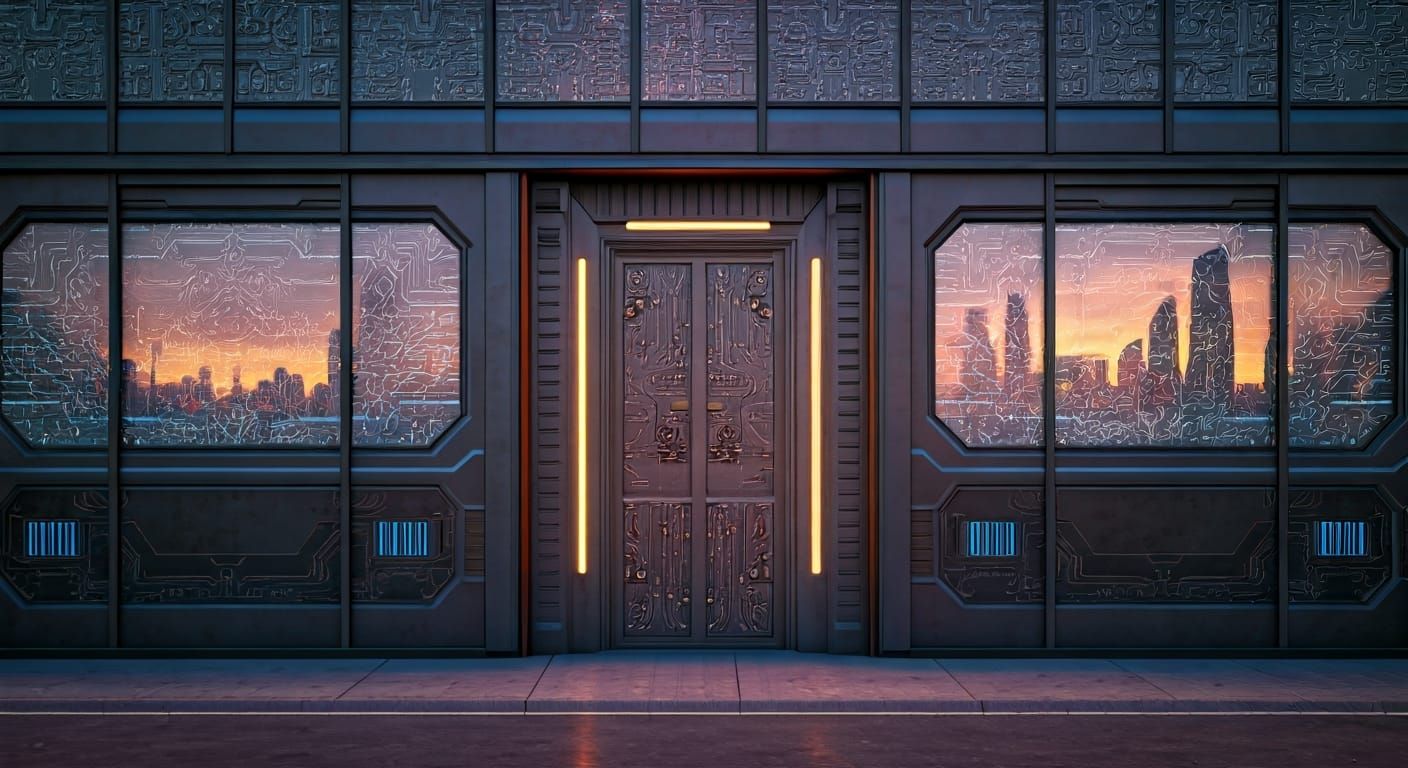 Cyberpunk Row House Entrance with Neon Circuitry