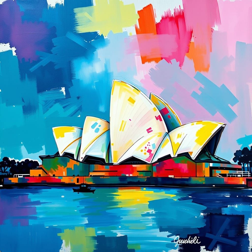 Abstract Acrylic Opera House in Gouache Style