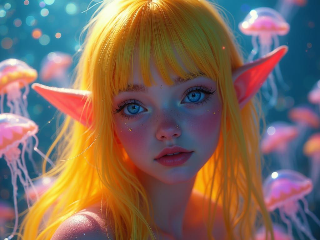 Neon Elf Portrait with Bioluminescent Jellyfish