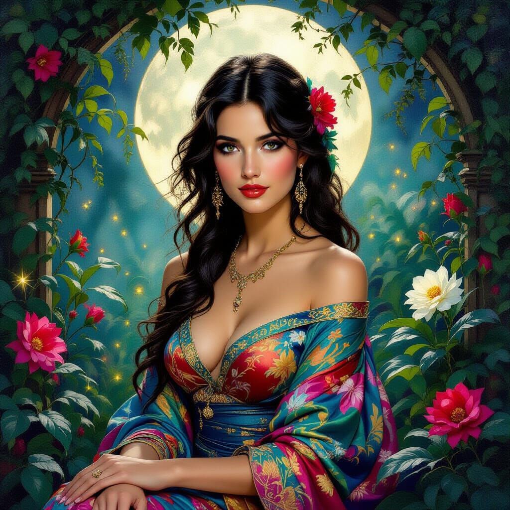 Exotic Woman in Moonlit Garden, Pre-Raphaelite Style