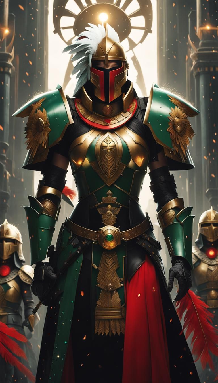 Cyberpunk Knight with Aztec Headdress in Sepia