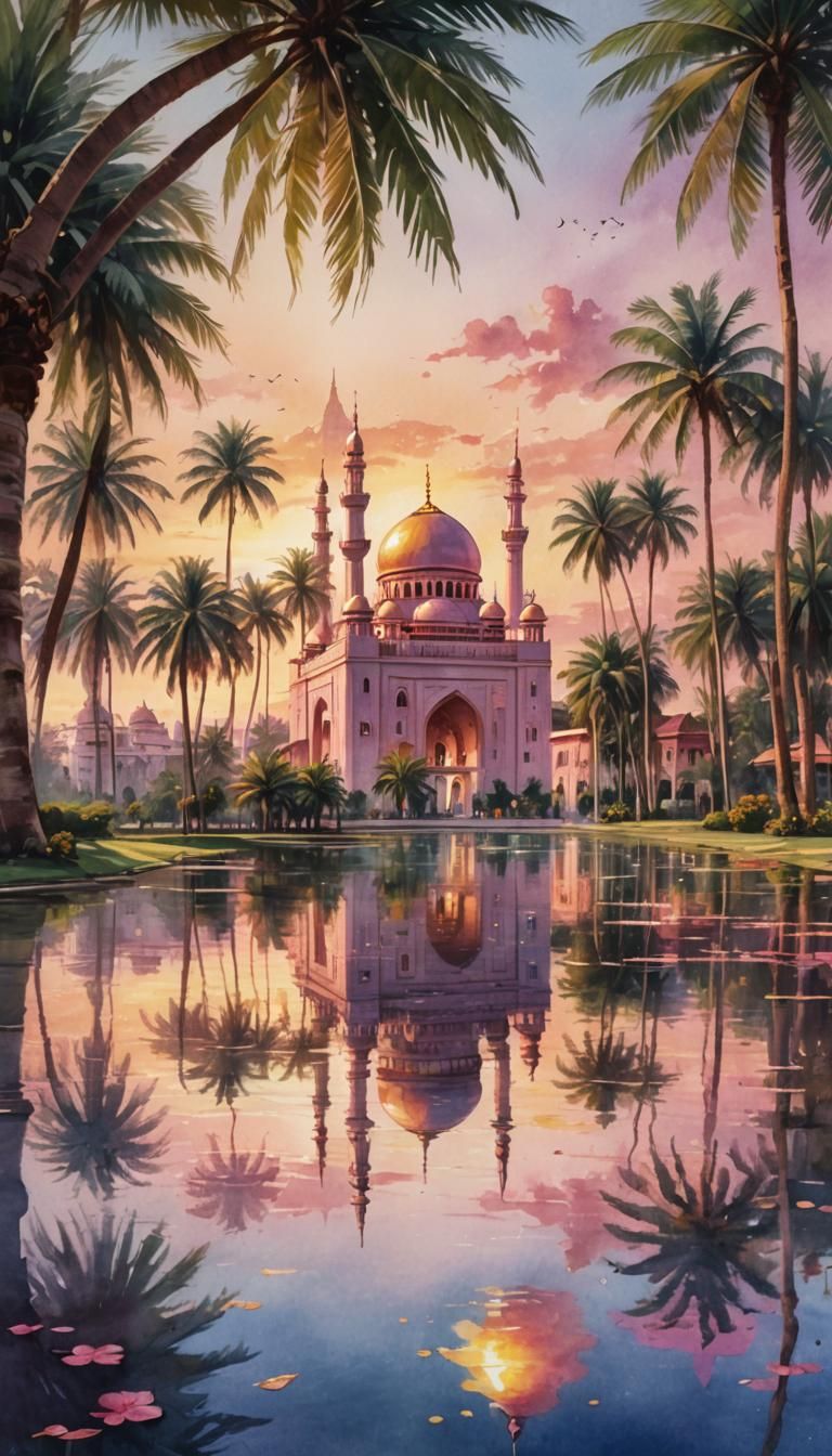 Putra Mosque in Golden Hour: Watercolor Concept Art
