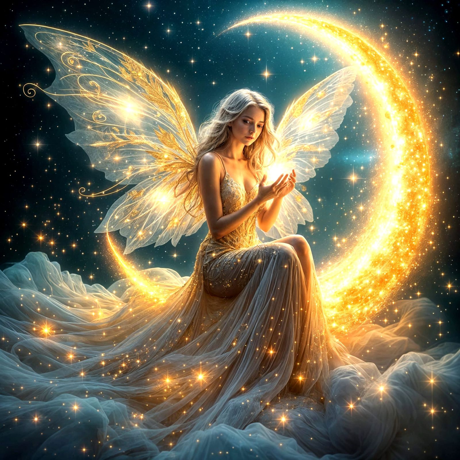 Ethereal Fairy on Crescent Moon in Cosmic Night Sky