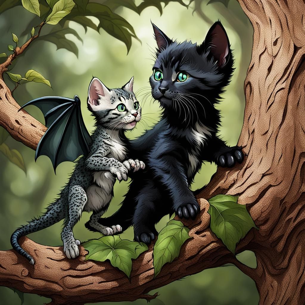 Kittens and Baby Dragon in Tree