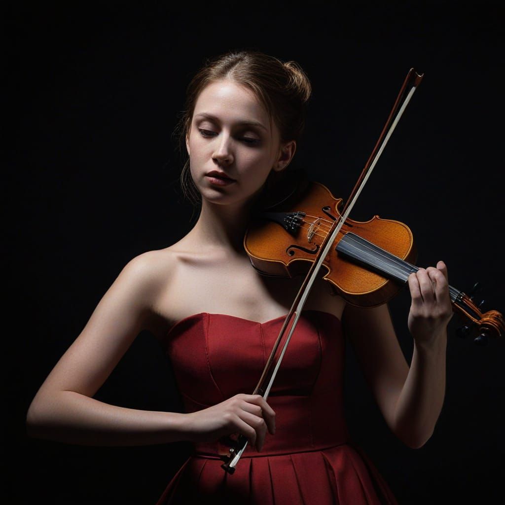 Woman in Red Dress Playing Violin Portrait