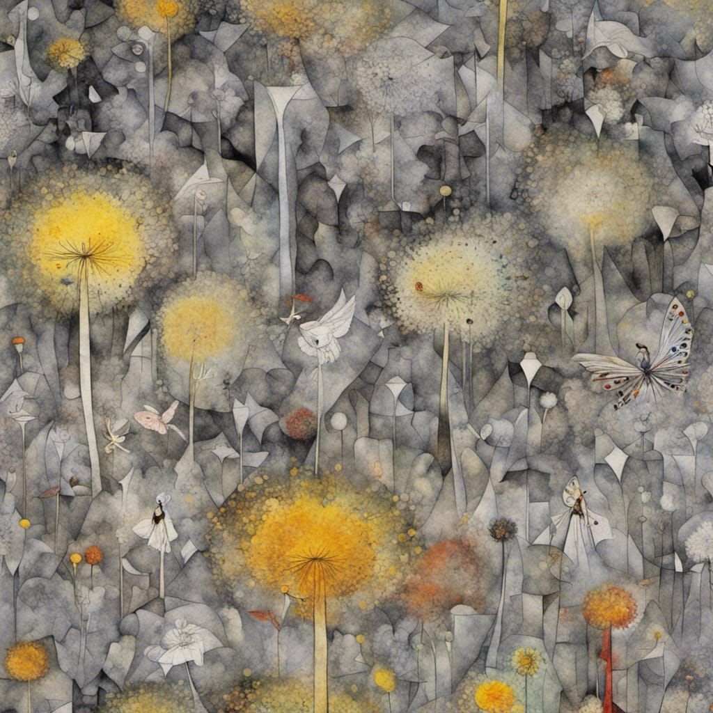 Fairies in Dandelion Dreamscape: Surreal Grayscale Art