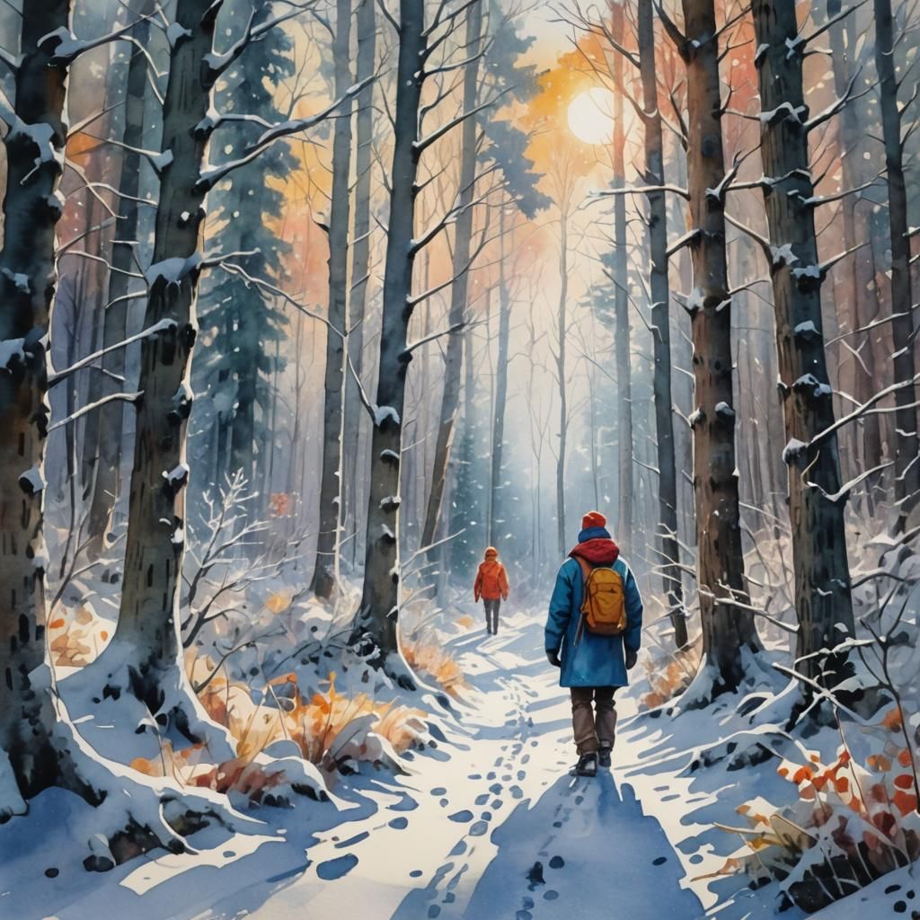 Tranquil Winter Forest Scene in Watercolor