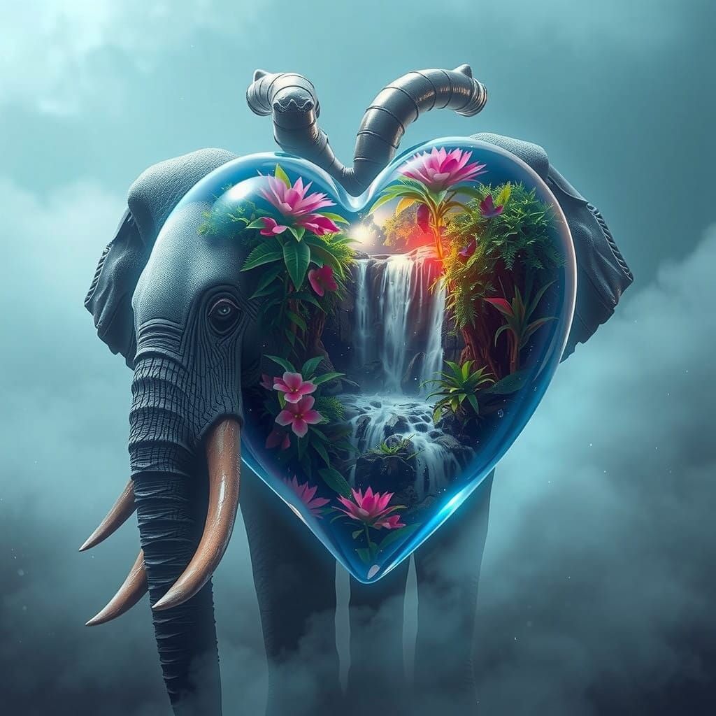 Surreal Holographic Heart with Jungle Waterfall and Majestic...