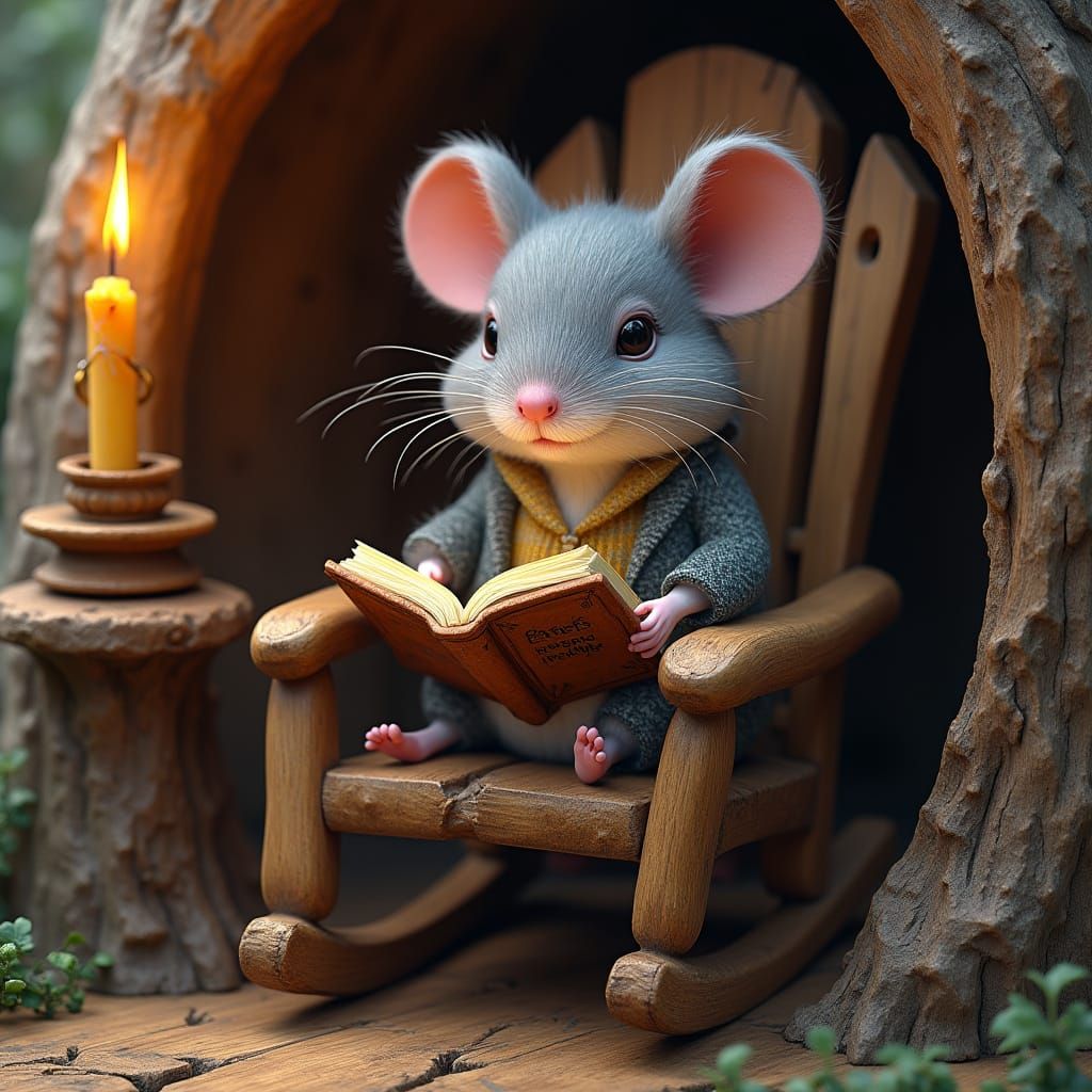 Mouse in Library Reading Book by Candlelight