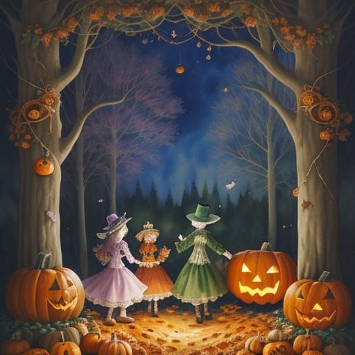 Magical Halloween Forest with Candy Sky in Art Nouveau Water...