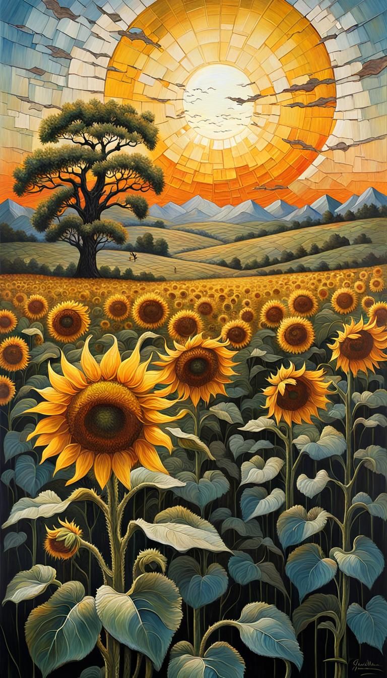 Sunflower Field at Sunrise: Impasto Painting