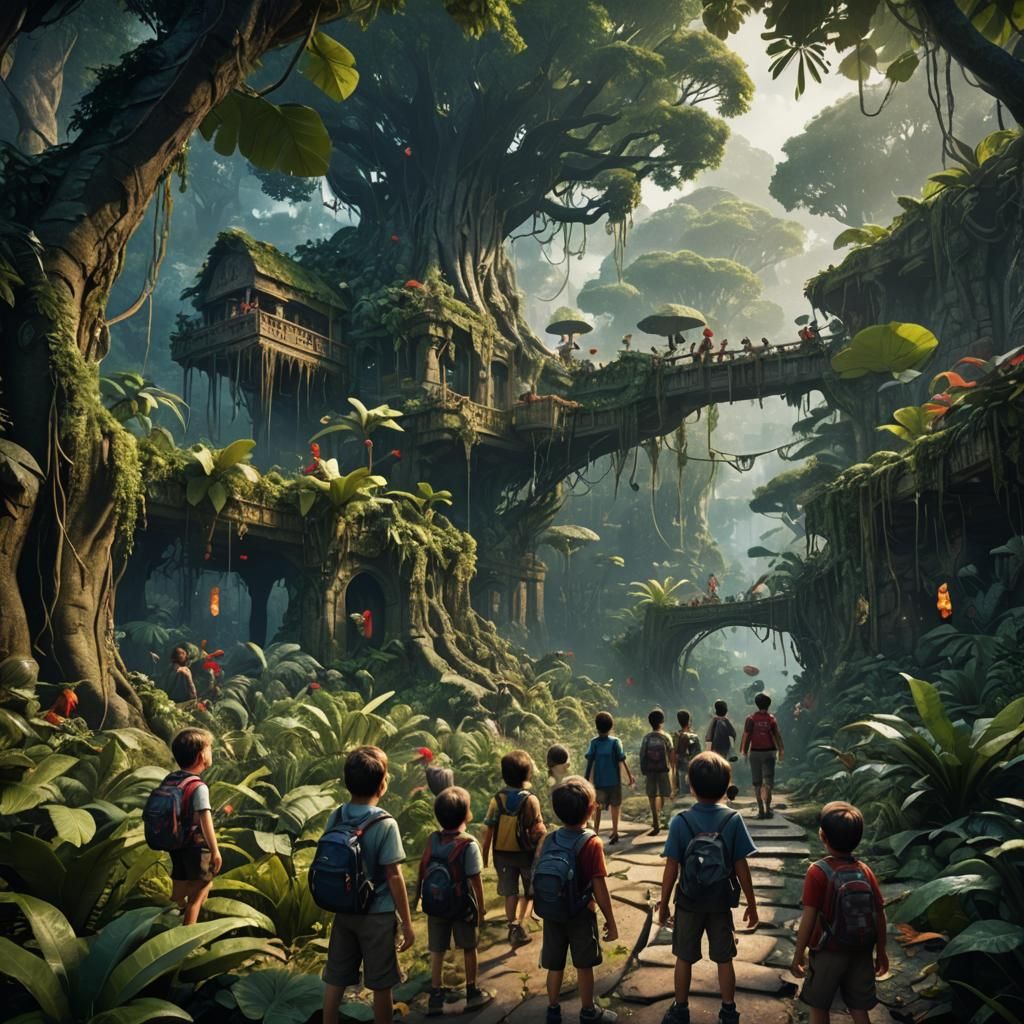 Children Exploring a Detailed Jungle Scene in Fantasy Art St...
