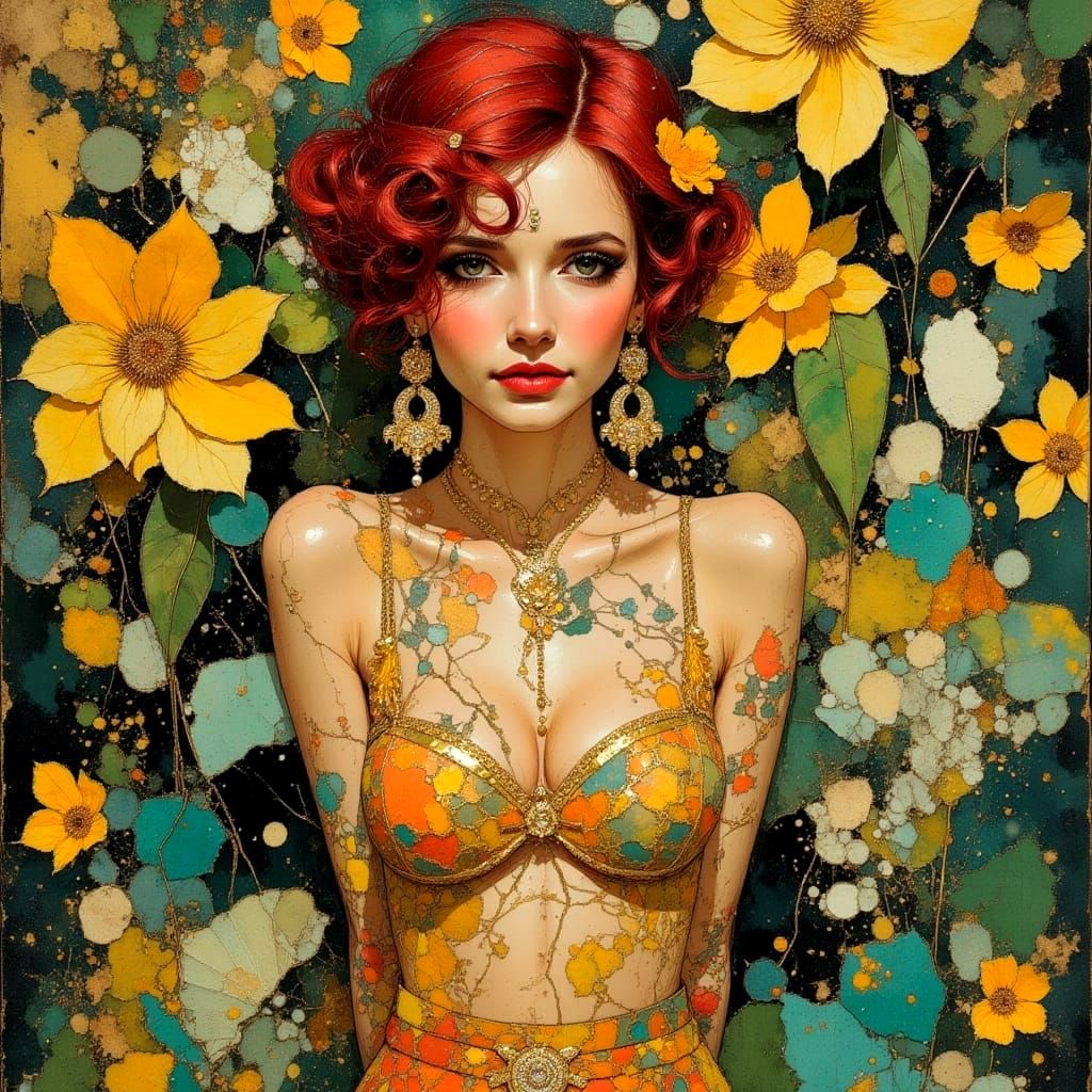 Art Deco Woman in Surreal Flower Garden