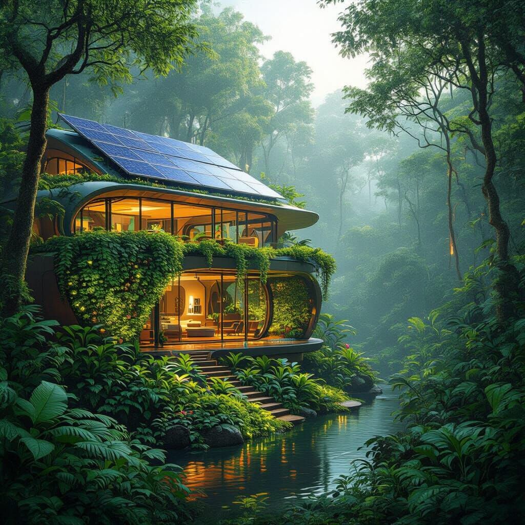 Futuristic Eco-Retreat in Rainforest with Bioluminescent Flo...