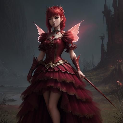 Red Tulle Tinkerbell Dress: Detailed Digital Matte Painting