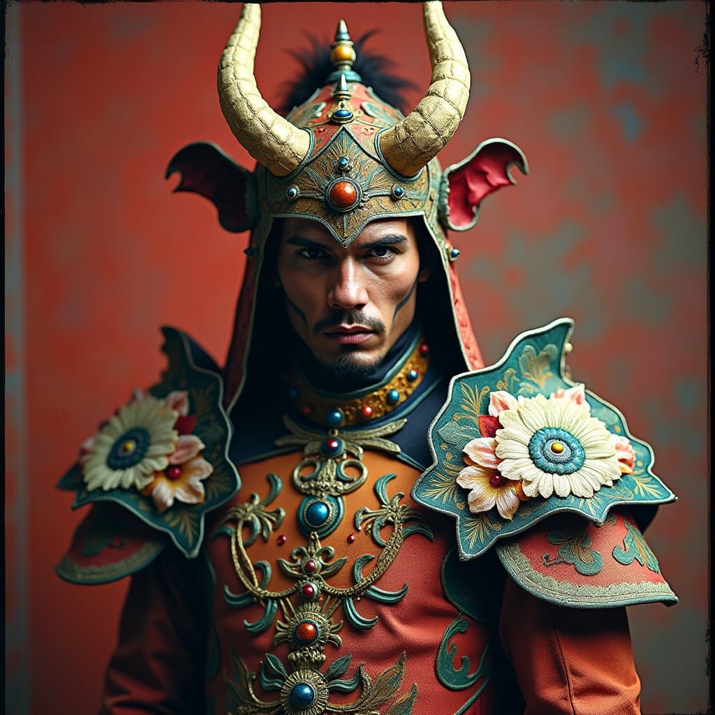 Fantasy Demon Warrior in Floral Armor, Polaroid Style