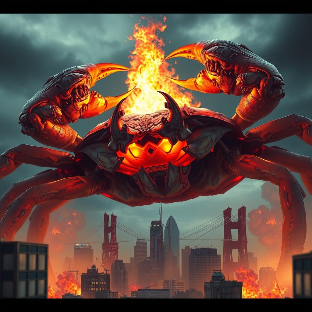Fiery Crab Kaiju Destroys City in Okami Style