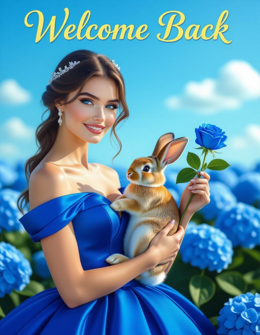Blue Gown Woman Offers Rose with Gold Rabbit