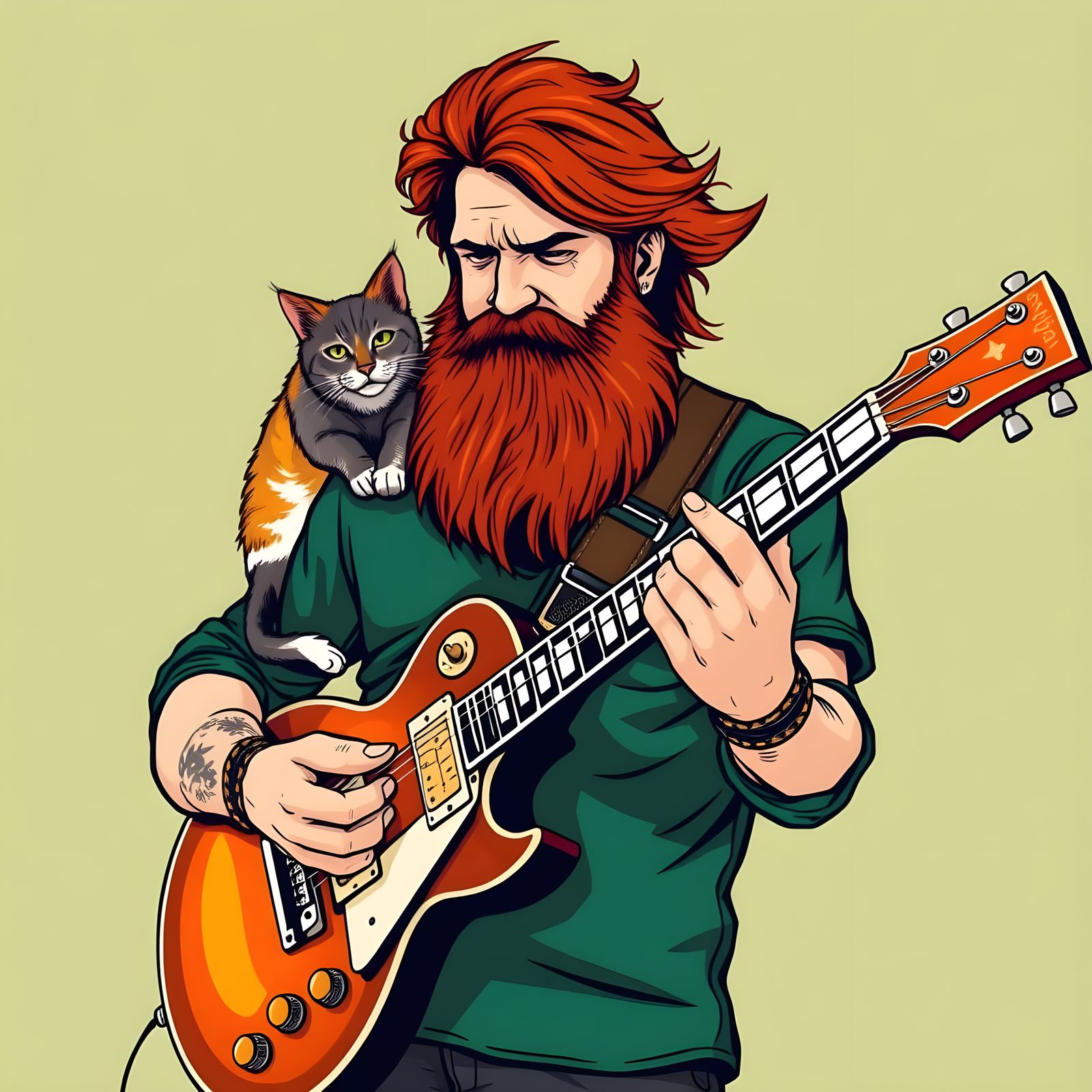 Electric Guitarist in Bold Graphic Style with Feline Compani...