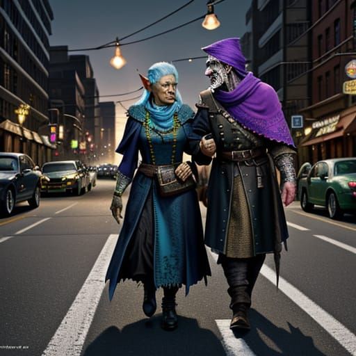 Orc Assists Elderly Woman Crossing Street in Twilight Oil Pa...