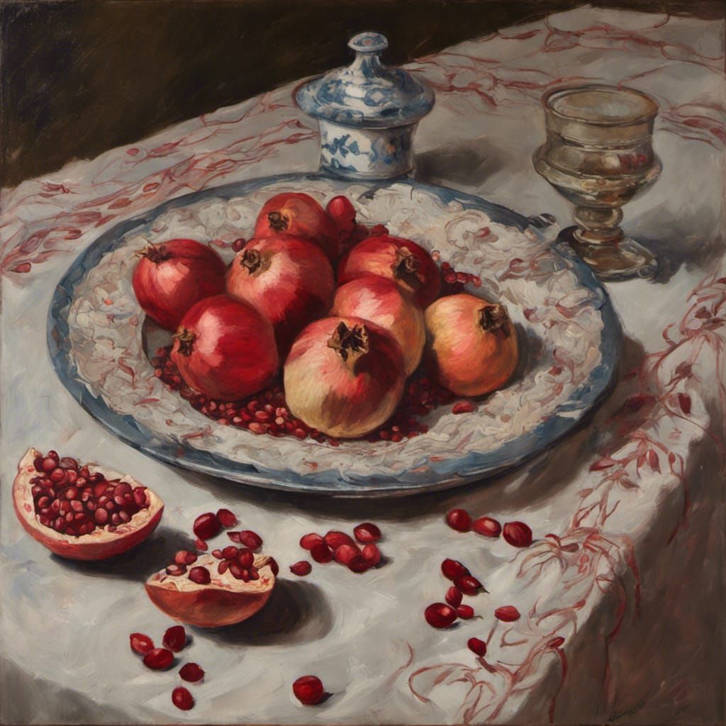 Pomegranates on Embroidered Cloth, Oil Painting