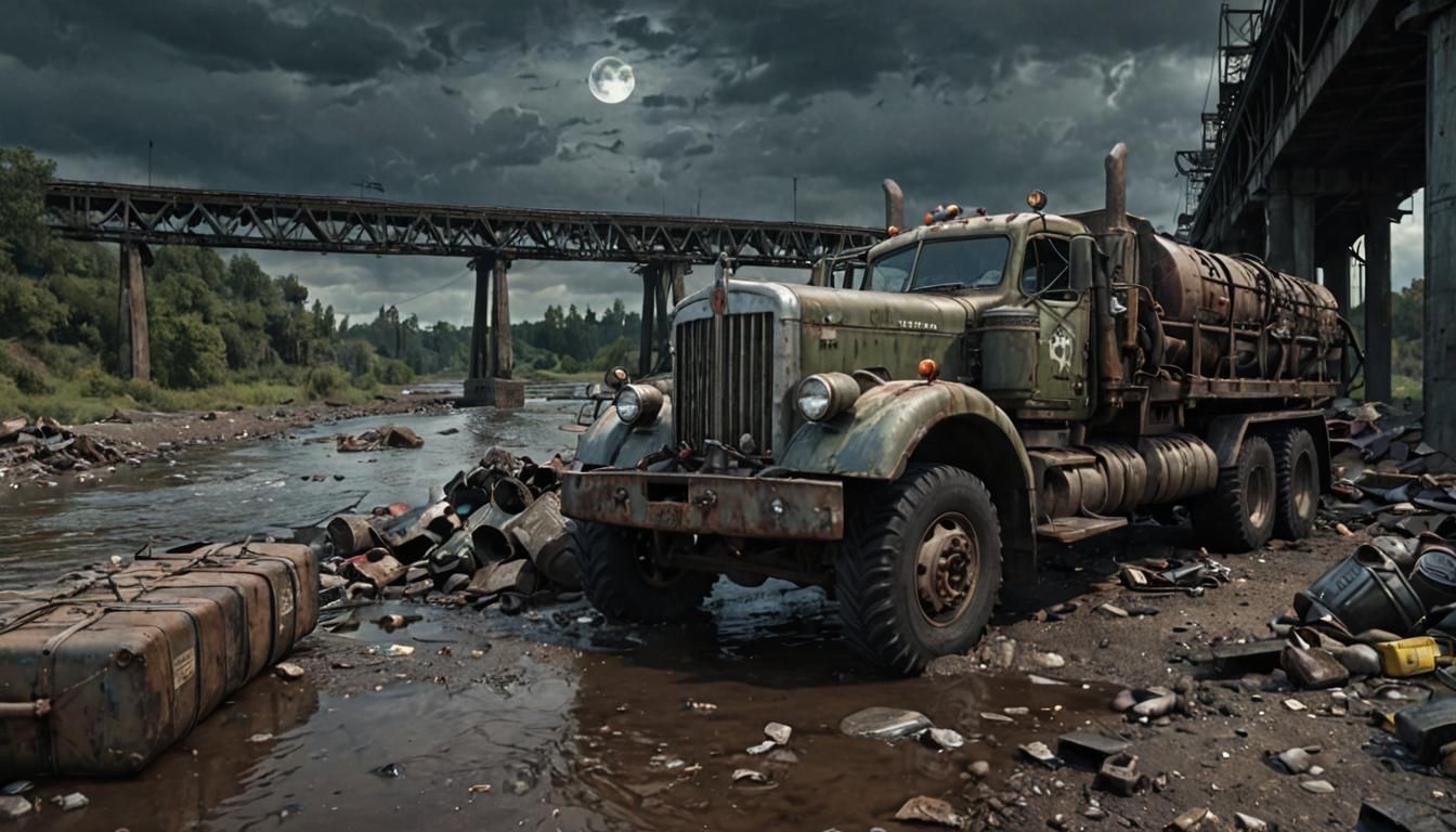 Dieselpunk Military Truck on Ruined Bridge