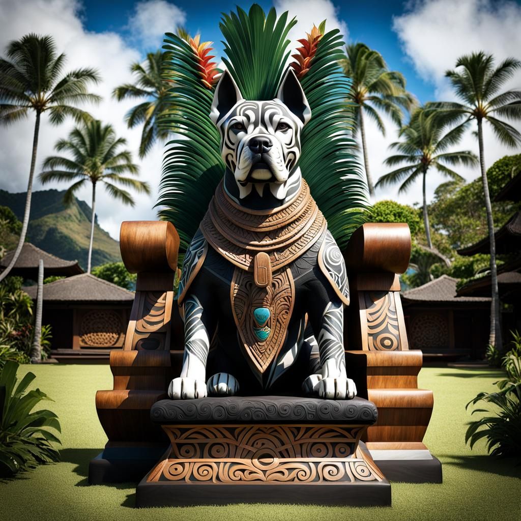 Majestic Polynesian Dog God Statue in Tribal Tattoo Art